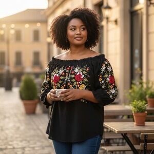 VELZERA‎ Top Blouse Cotton 1XL Peasant Black Off Shoulder Embroidered Floral